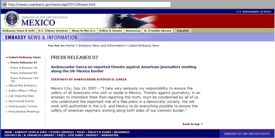 U.S. Embassy Mexico City: Drug Traffickers Threaten Journalists